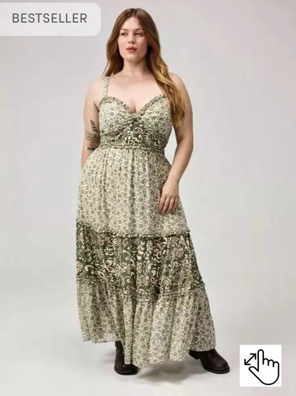 Torrid Maxi Slip Chiffon Tiered Dress Sadie Jacobean Green Floral Maxi Dress